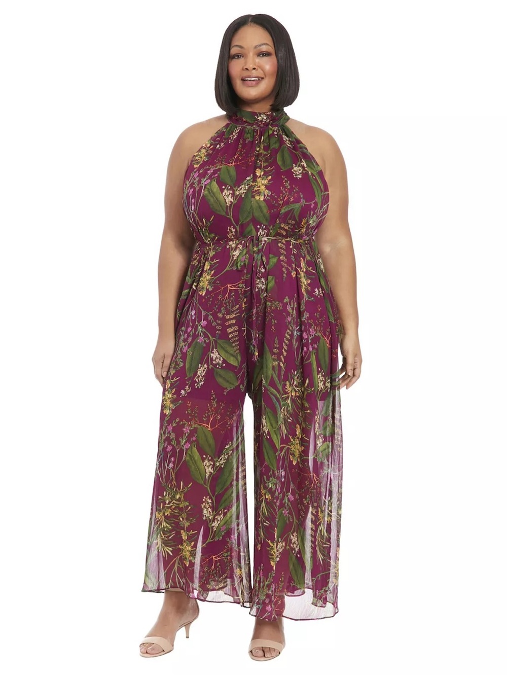 London Times Plus Size Ruched Collar Halter Neck Purple Floral Jumpsuit size 20